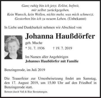 Traueranzeige von Johanna Haußdörfer (geb. Muche)  von Magdeburger Volksstimme