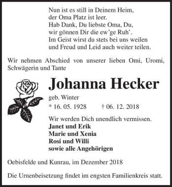 Traueranzeige von Johanna Hecker (geb. Winter)  von Magdeburger Volksstimme