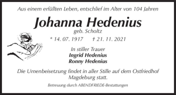 Traueranzeige von Johanna Hedenius (geb. Scholtz)  von Magdeburger Volksstimme