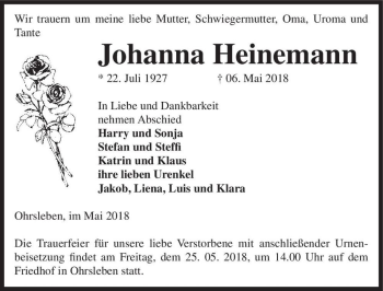 Traueranzeige von Johanna Heinemann  von Magdeburger Volksstimme