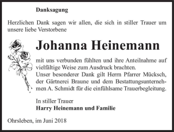 Traueranzeige von Johanna Heinemann  von Magdeburger Volksstimme
