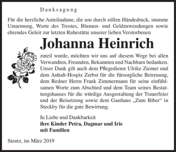 Traueranzeige von Johanna Heinrich  von Magdeburger Volksstimme