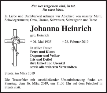 Traueranzeige von Johanna Heinrich (geb. Heinrich)  von Magdeburger Volksstimme