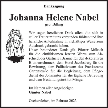 Traueranzeige von Johanna Helene Nabel (geb. Billing)  von Magdeburger Volksstimme
