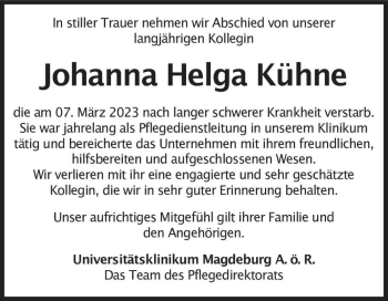 Traueranzeige von Johanna Helga Kühne  von Magdeburger Volksstimme