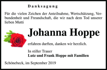 Traueranzeige von Johanna Hoppe  von Magdeburger Volksstimme