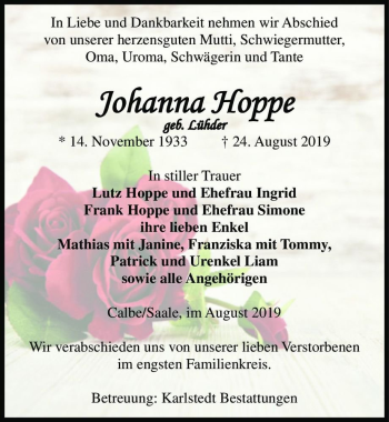 Traueranzeige von Johanna Hoppe (geb. Lühder)  von Magdeburger Volksstimme