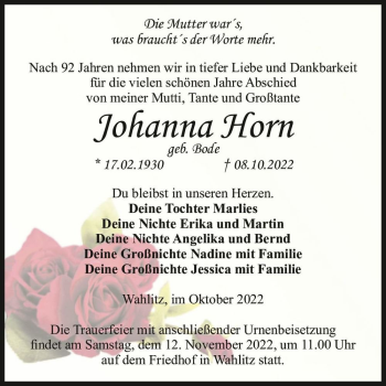 Traueranzeige von Johanna Horn (geb. Bode)  von Magdeburger Volksstimme