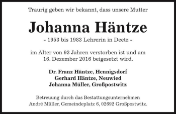 Traueranzeige von Johanna Häntze  von Magdeburger Volksstimme
