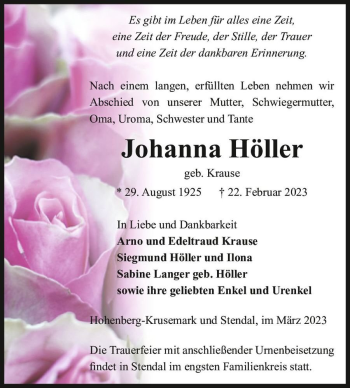 Traueranzeige von Johanna Höller (geb. Krause)  von Magdeburger Volksstimme
