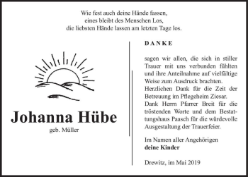 Traueranzeige von Johanna Hübe (geb. Müller)  von Magdeburger Volksstimme