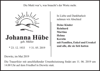 Traueranzeige von Johanna Hübe (geb. Müller)  von Magdeburger Volksstimme