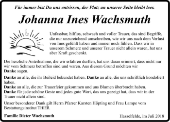 Traueranzeige von Johanna Ines Wachsmuth  von Magdeburger Volksstimme