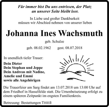 Traueranzeige von Johanna Ines Wachsmuth (geb. Schulze)  von Magdeburger Volksstimme