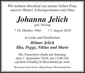 Traueranzeige von Johanna Jelich (geb. Viering)  von Magdeburger Volksstimme