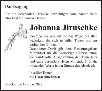 Traueranzeige von Johanna Jiruschke  von Magdeburger Volksstimme