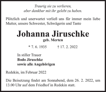 Traueranzeige von Johanna Jiruschke (geb. Merten)  von Magdeburger Volksstimme