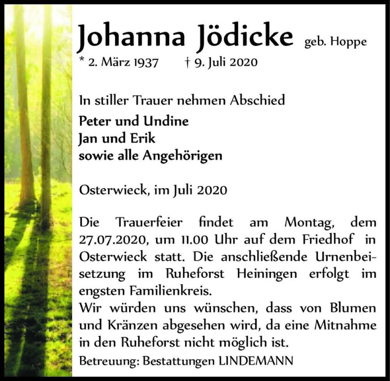  Traueranzeige für Johanna Jödicke (geb. Hoppe)  vom 18.07.2020 aus Magdeburger Volksstimme