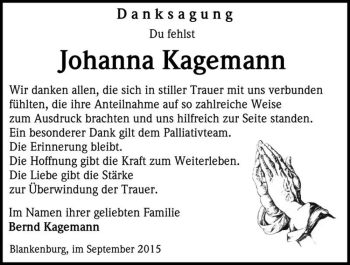 Traueranzeige von Johanna Kagemann  von Magdeburger Volksstimme