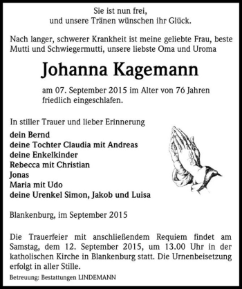 Traueranzeige von Johanna Kagemann  von Magdeburger Volksstimme