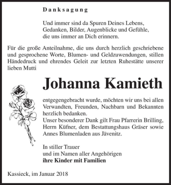Traueranzeige von Johanna Kamieth  von Magdeburger Volksstimme