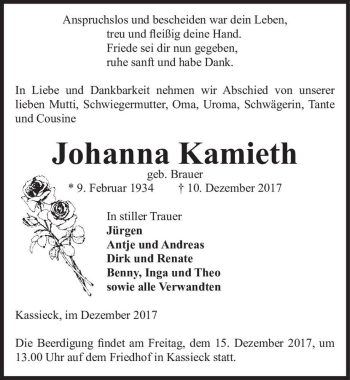 Traueranzeige von Johanna Kamieth (geb. Brauer)  von Magdeburger Volksstimme