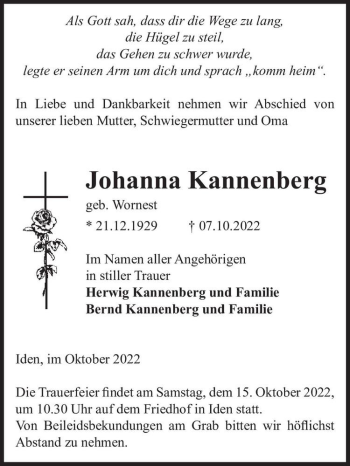 Traueranzeige von Johanna Kannenberg (geb. Wornest)  von Magdeburger Volksstimme