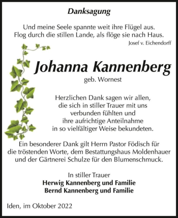 Traueranzeige von Johanna Kannenberg (geb. Wornest)  von Magdeburger Volksstimme