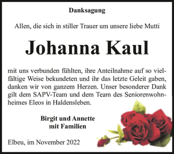 Traueranzeige von Johanna Kaul  von Magdeburger Volksstimme