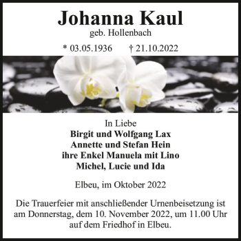Traueranzeige von Johanna Kaul (geb. Hollenbach)  von Magdeburger Volksstimme