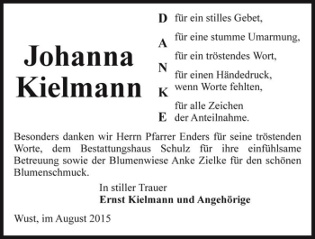 Traueranzeige von Johanna Kielmann  von Magdeburger Volksstimme