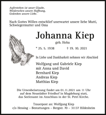 Traueranzeige von Johanna Kiep (geb. Hoba)  von Magdeburger Volksstimme