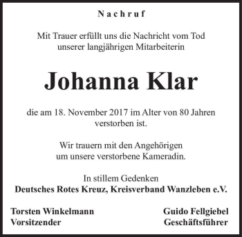 Traueranzeige von Johanna Klar  von Magdeburger Volksstimme