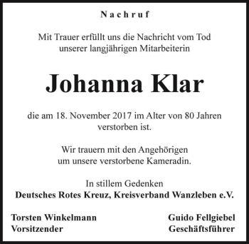 Traueranzeige von Johanna Klar  von Magdeburger Volksstimme