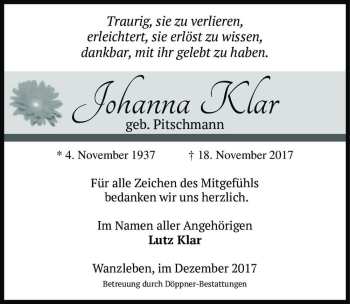 Traueranzeige von Johanna Klar (geb. Pitschmann)  von Magdeburger Volksstimme