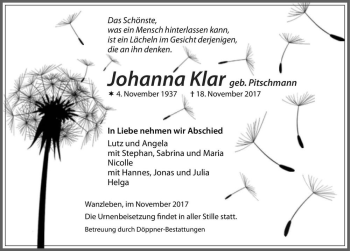 Traueranzeige von Johanna Klar (geb. Pitschmann)  von Magdeburger Volksstimme