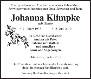 Traueranzeige von Johanna Klimpke (geb. Stanke)  von Magdeburger Volksstimme