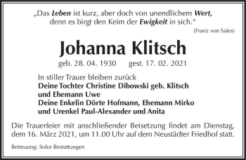 Traueranzeige von Johanna Klitsch  von Magdeburger Volksstimme