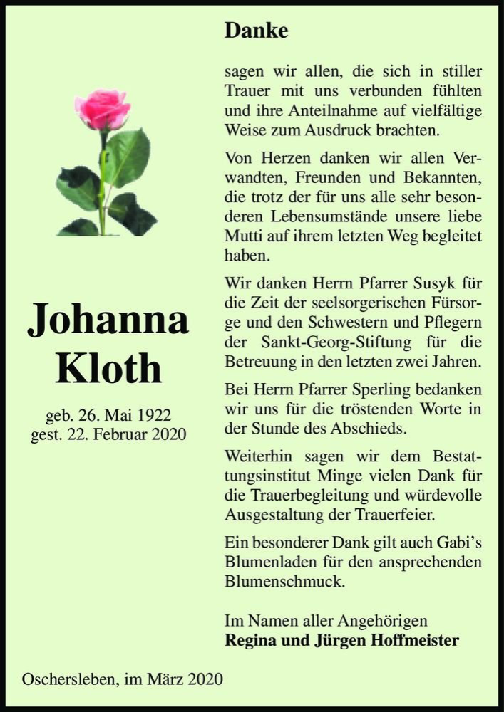  Traueranzeige für Johanna Kloth  vom 28.03.2020 aus Magdeburger Volksstimme