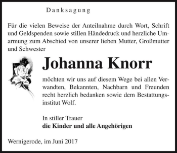Traueranzeige von Johanna Knorr  von Magdeburger Volksstimme