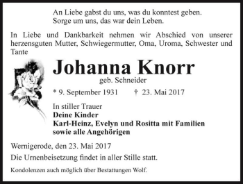 Traueranzeige von Johanna Knorr (geb. Schneider)  von Magdeburger Volksstimme