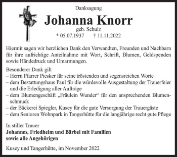 Traueranzeige von Johanna Knorr (geb. Schulz)  von Magdeburger Volksstimme