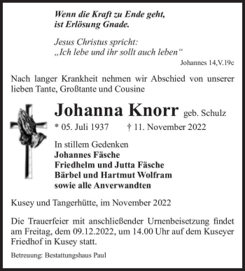 Traueranzeige von Johanna Knorr (geb. Schulz)  von Magdeburger Volksstimme