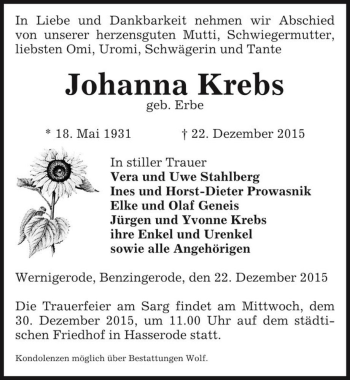Traueranzeige von Johanna Krebs (geb. Erbe)  von Magdeburger Volksstimme