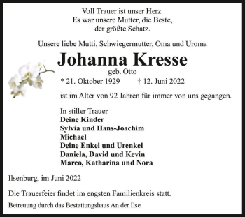 Traueranzeige von Johanna Kresse (geb. Otto)  von Magdeburger Volksstimme