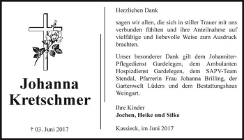 Traueranzeige von Johanna Kretschmer  von Magdeburger Volksstimme