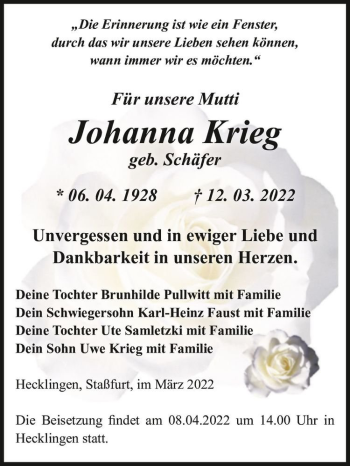Traueranzeige von Johanna Krieg (geb. Schäfer)  von Magdeburger Volksstimme