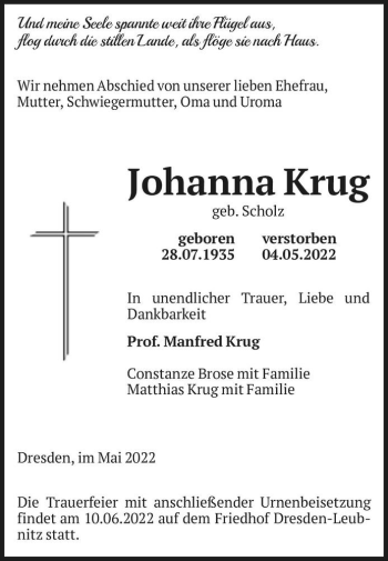 Traueranzeige von Johanna Krug (geb. Scholz)  von Magdeburger Volksstimme