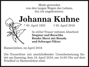Traueranzeige von Johanna Kuhne  von Magdeburger Volksstimme
