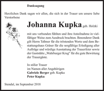 Traueranzeige von Johanna Kupka (geb. Holzki)  von Magdeburger Volksstimme